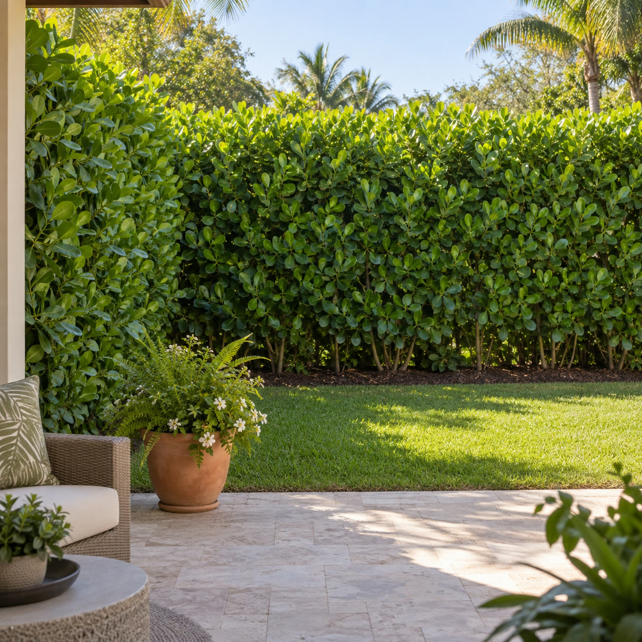 Illustration of a dense Clusia privacy hedge enclosing a sunny backyard patio and lawn.