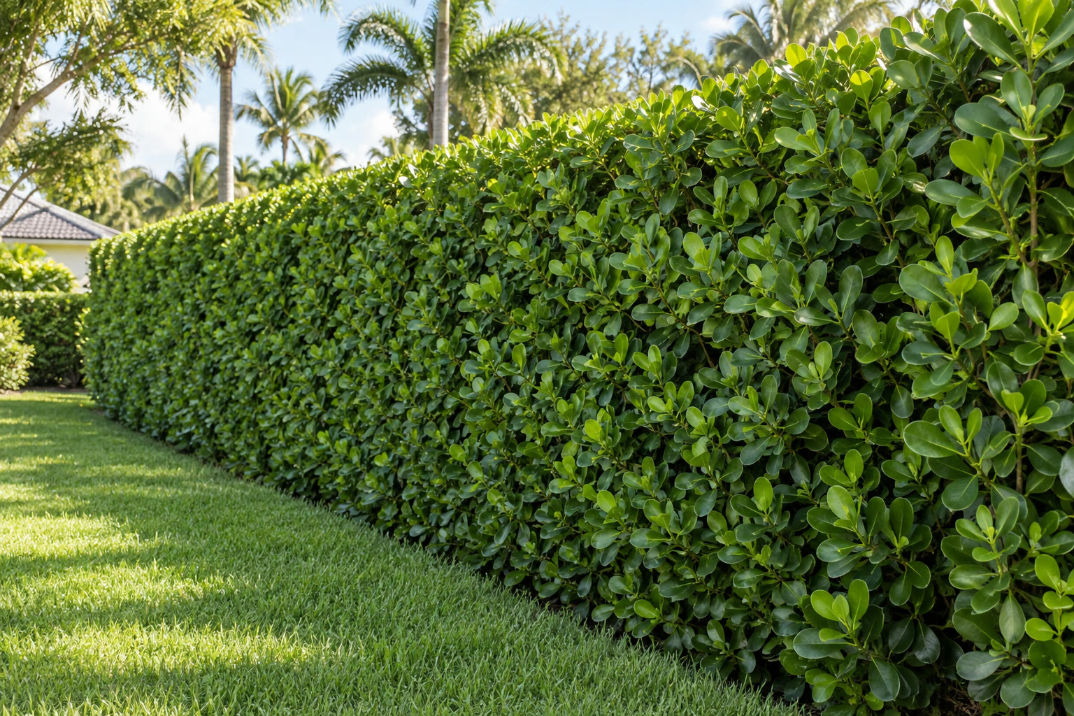 Illustration of a dense green Clusia hedge forming a living privacy fence beside a lawn.