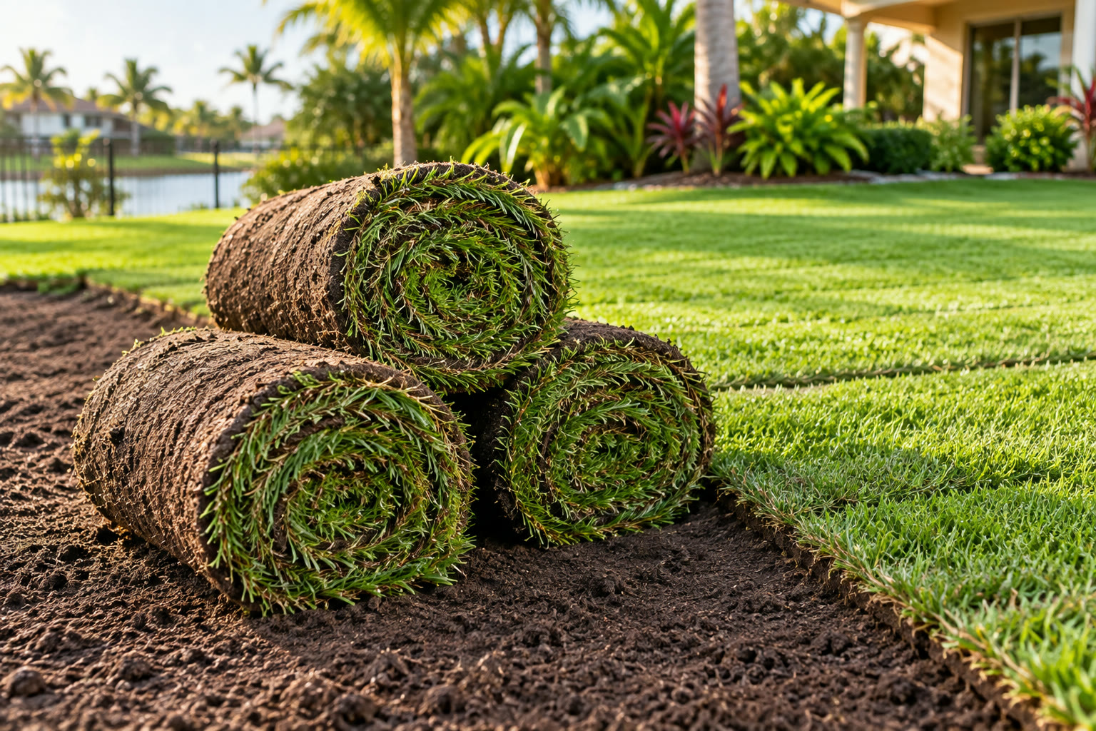 Illustration of fresh sod rolls beside a newly laid green lawn.